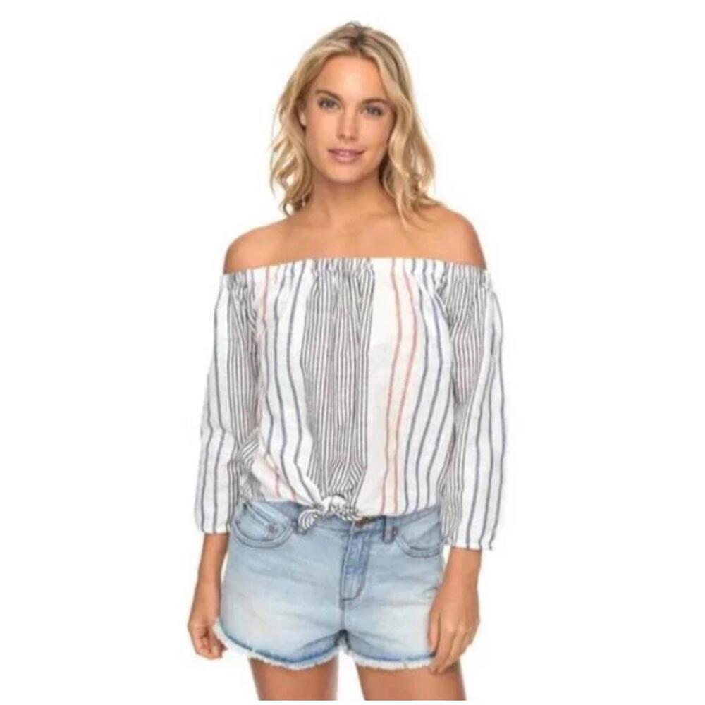 Roxy Women's Off Shoulder Blouse Striped Tie Center Size Small Cotton‎ LS Boho